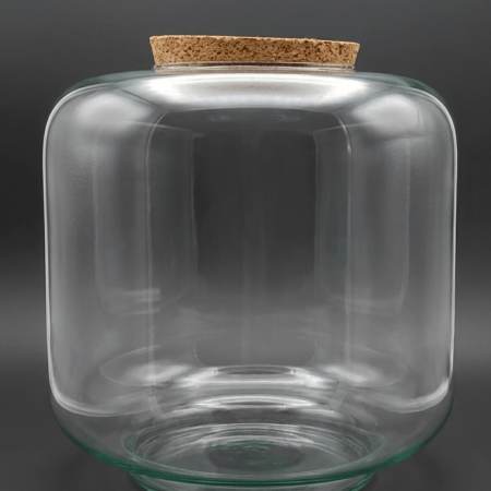 Oase, großes Glas mit Korkdeckel zum Bepflanzen bei einem Workshop, Flaschengarten